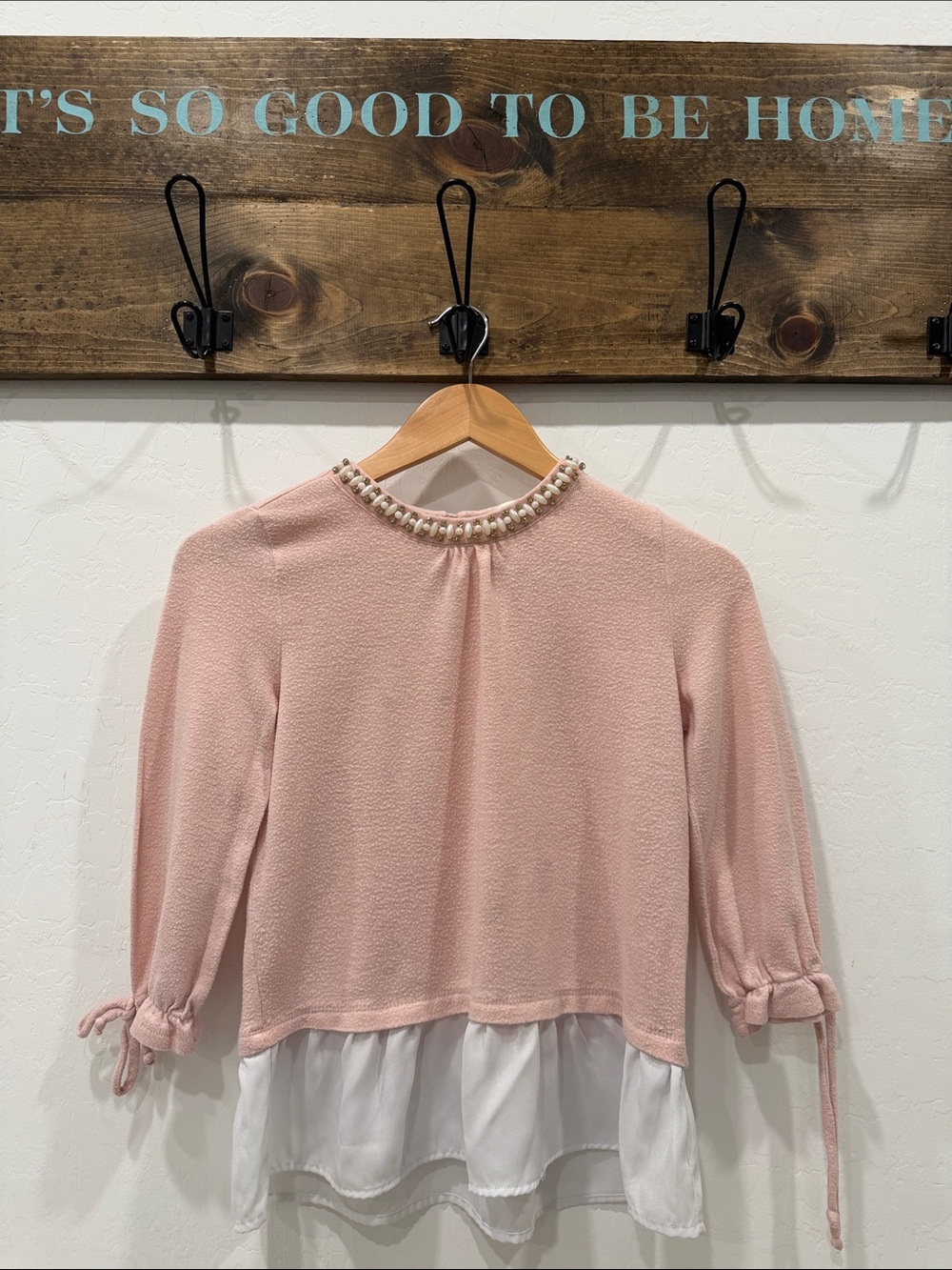 Monteau Pink Pearl-Trim Layered Hem Blouse